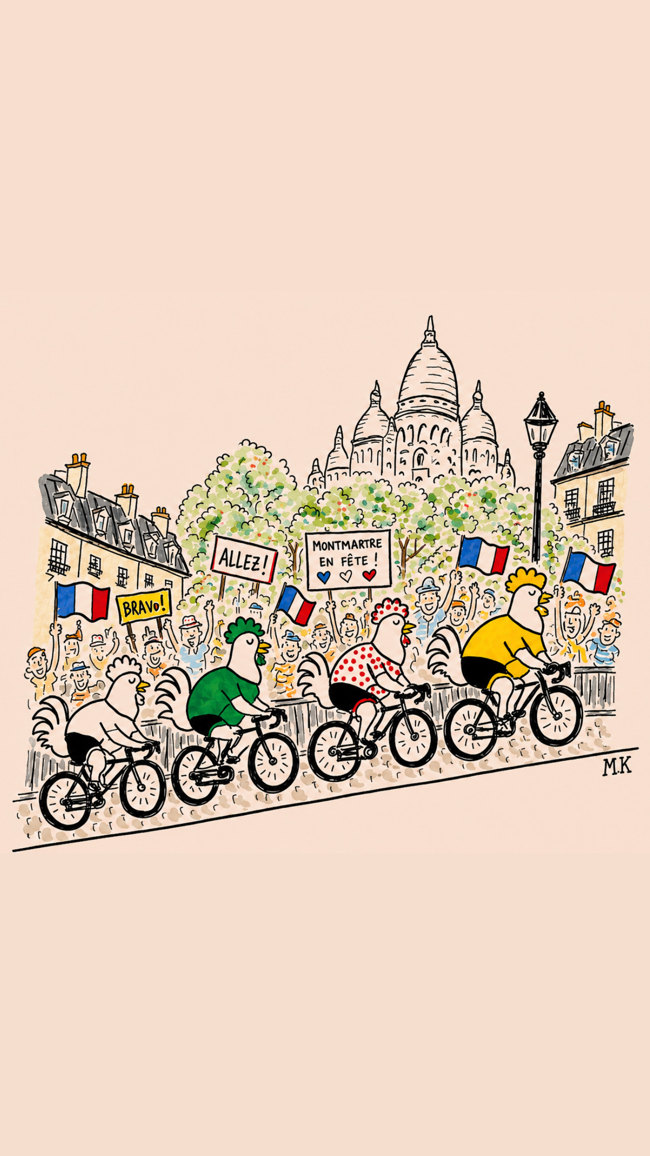 Quatre coqs cyclistes devant le Sacré-Cœur et la foule à Montmartre