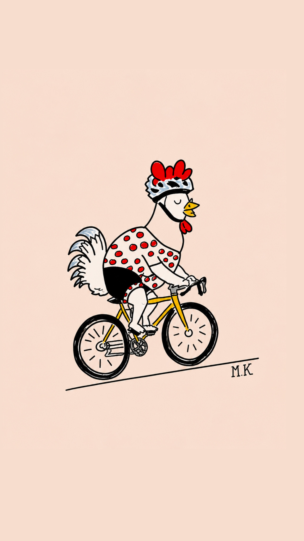 Coq cycliste portant un maillot et un casque à pois rouges