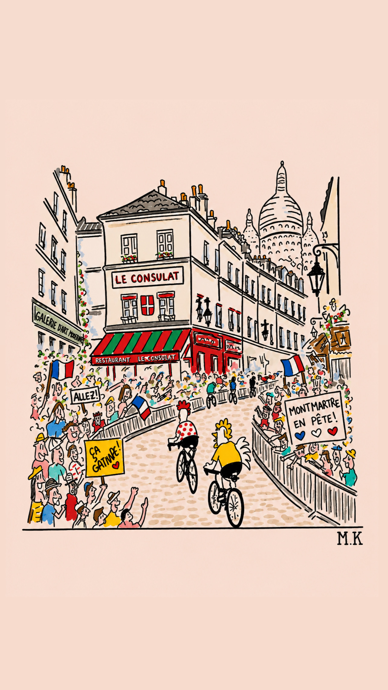 Deux coqs cyclistes devant Le Consulat et le Sacré-Cœur à Montmartre