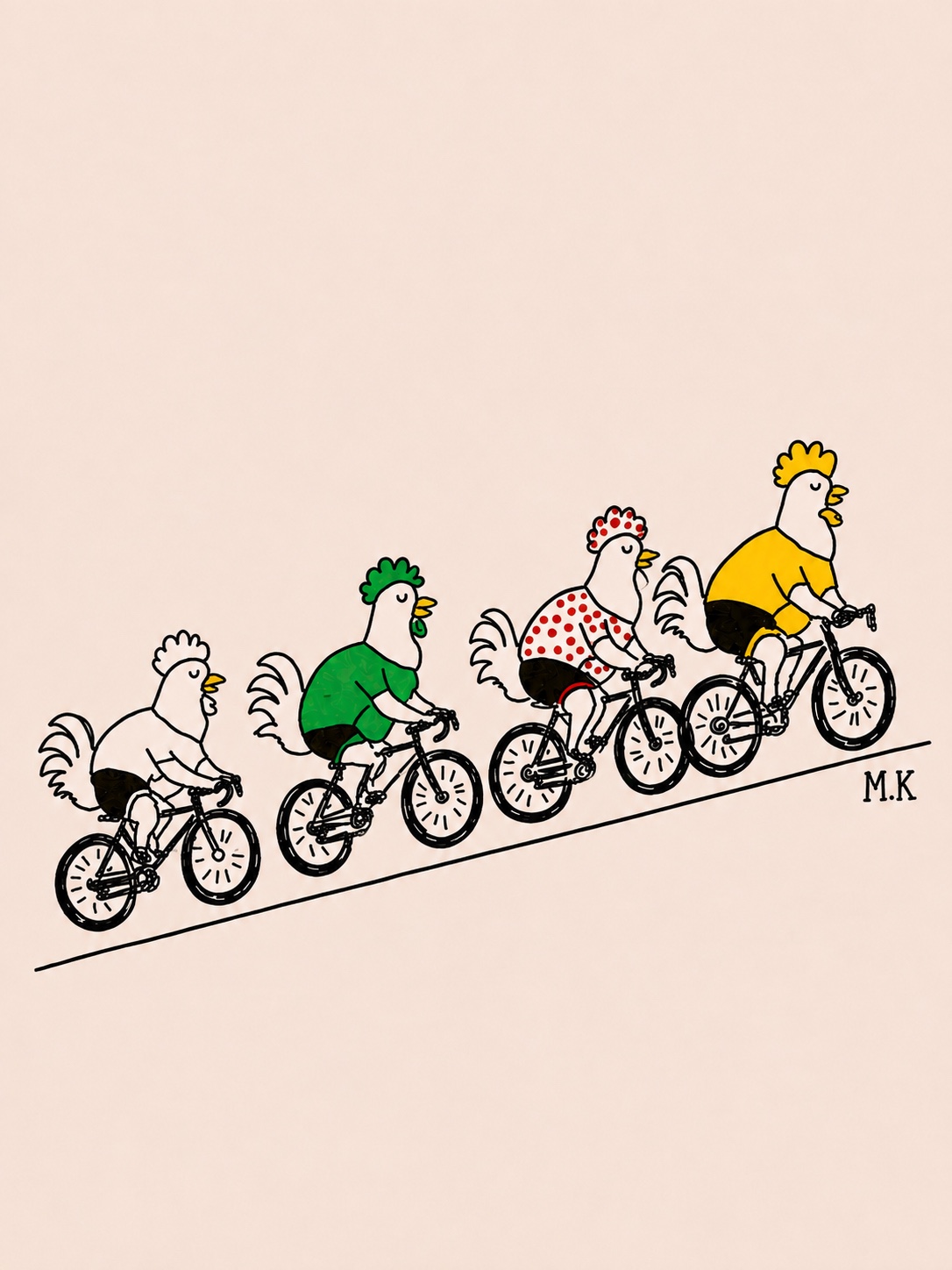 Quatre coqs cyclistes alignés sur leurs vélos