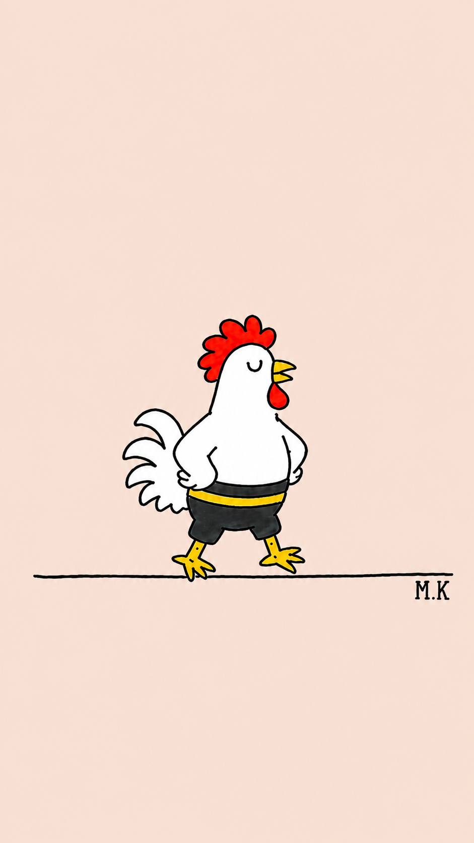 Coq blanc debout, les mains sur les hanches, en short noir à ceinture jaune