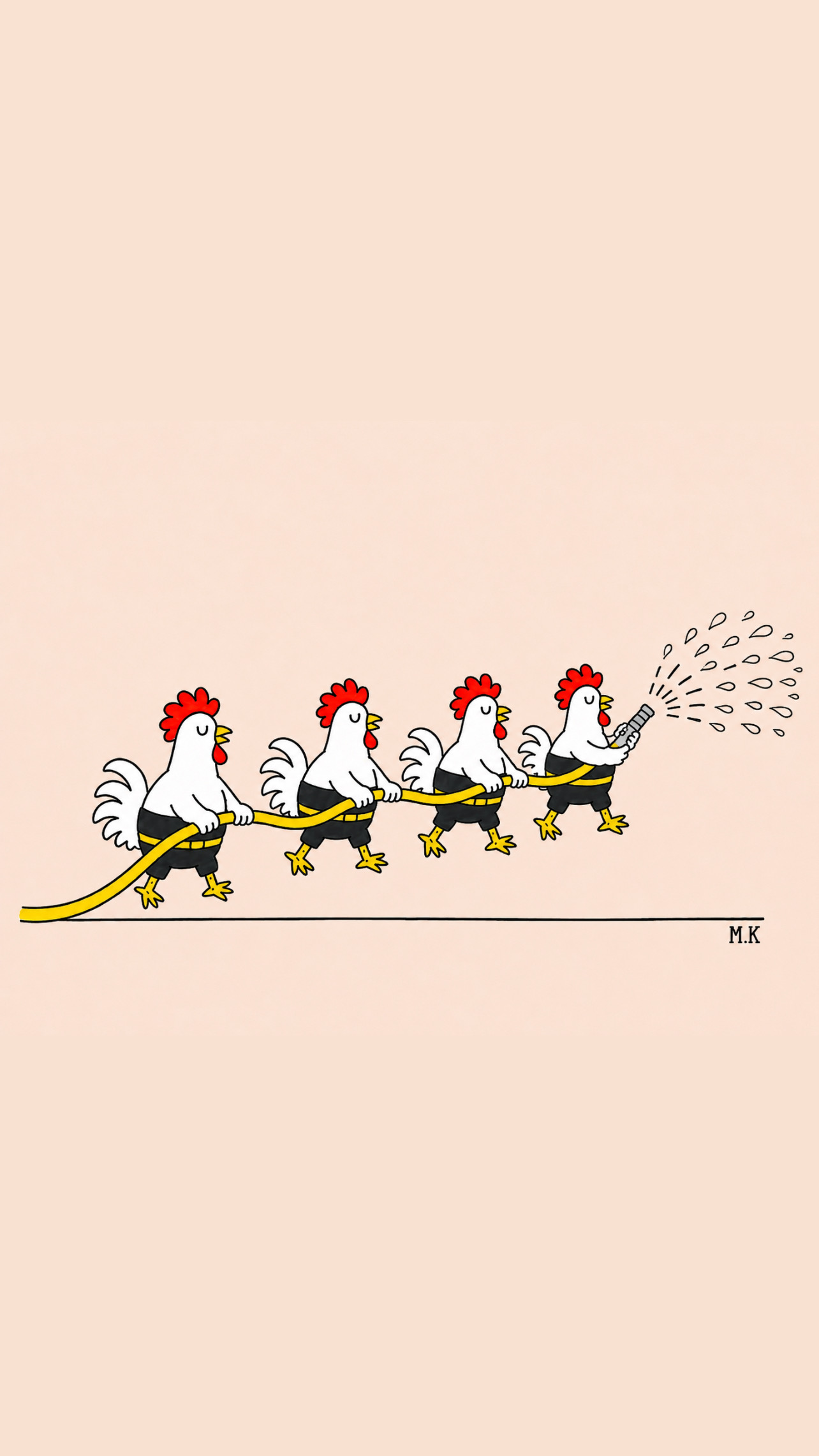 Quatre coqs pompiers tenant ensemble un tuyau jaune