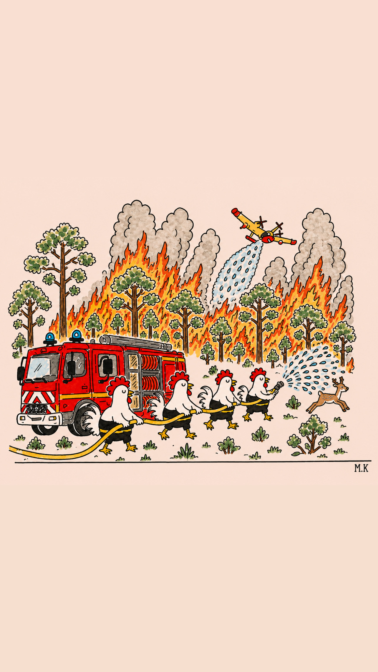 Coqs pompiers intervenant avec un camion et un avion sur un feu de forêt