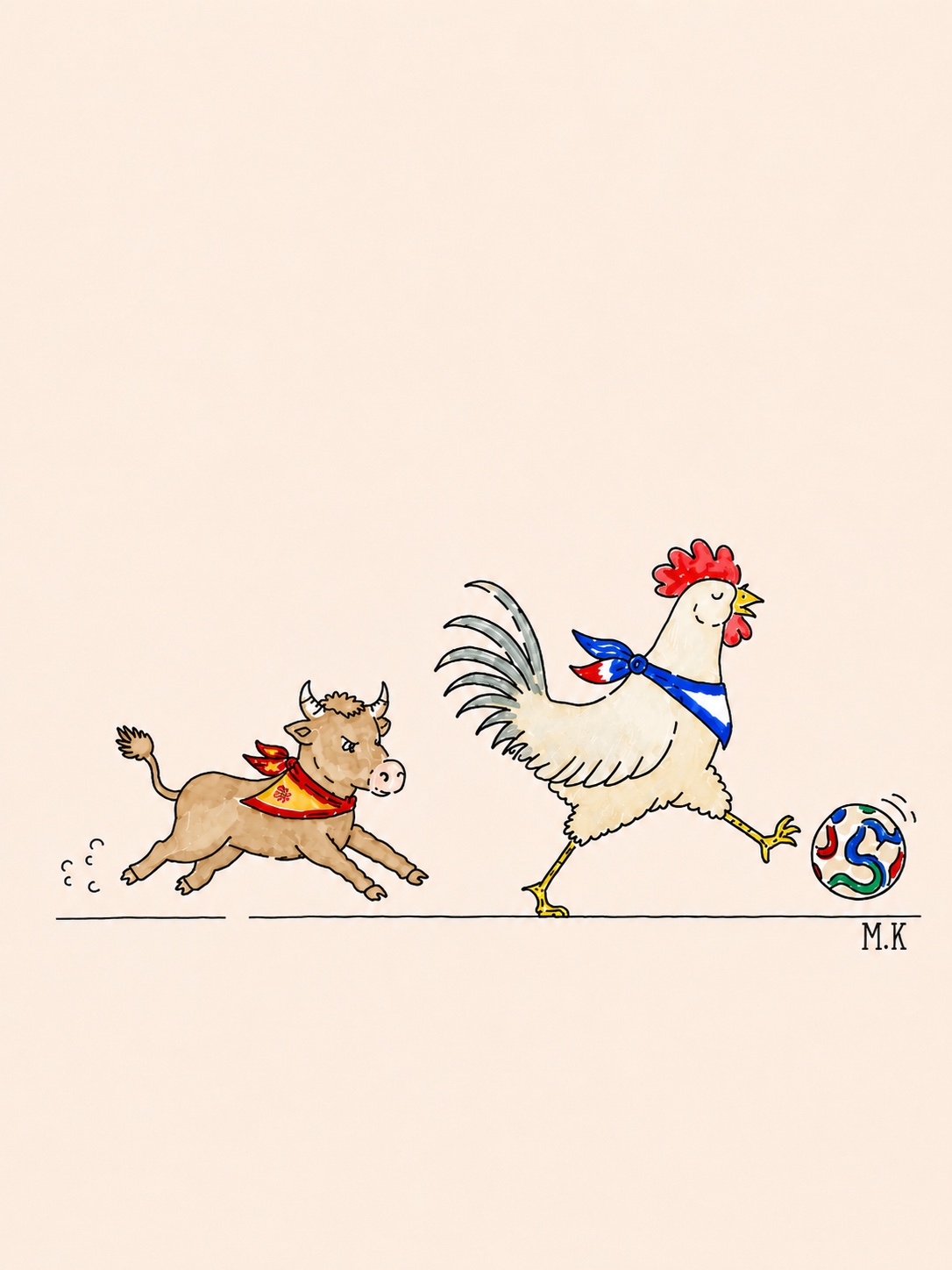Coq français poursuivi par un taureau près d’un ballon de football