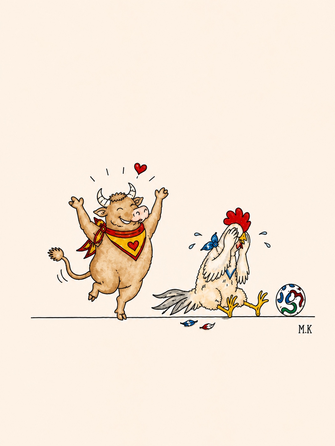 Taureau heureux et coq français assis près d’un ballon de football