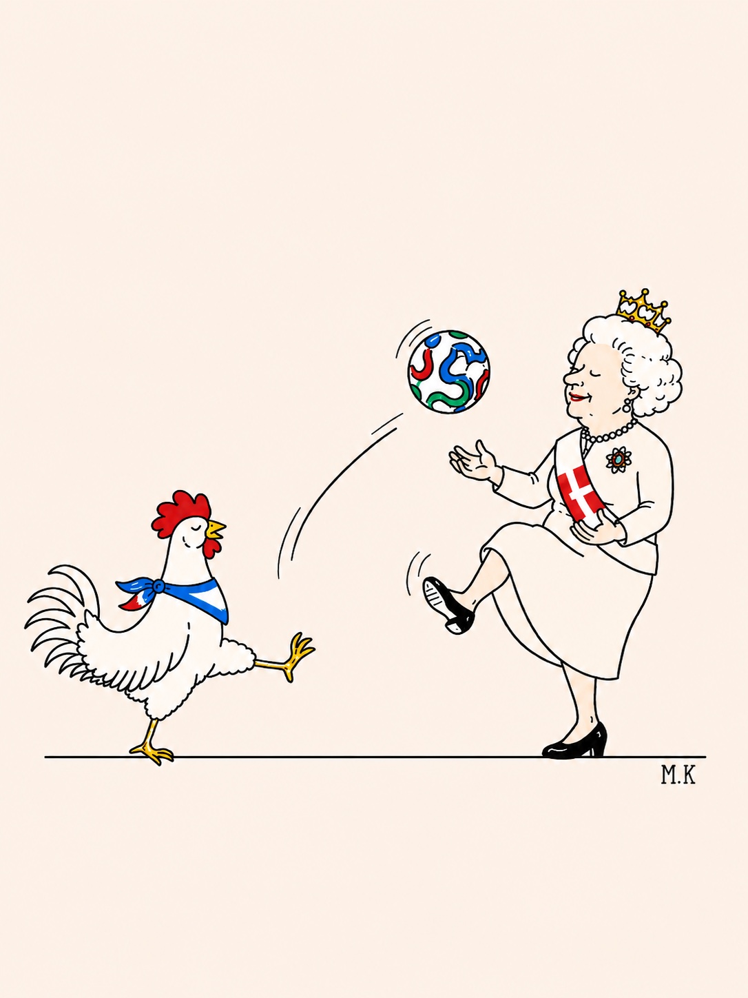 Coq français jouant au football avec une reine couronnée