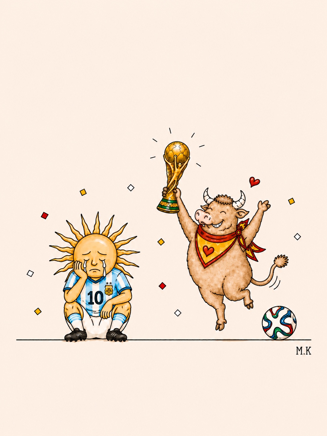 Taureau soulevant la Coupe du monde près du joueur argentin numéro dix