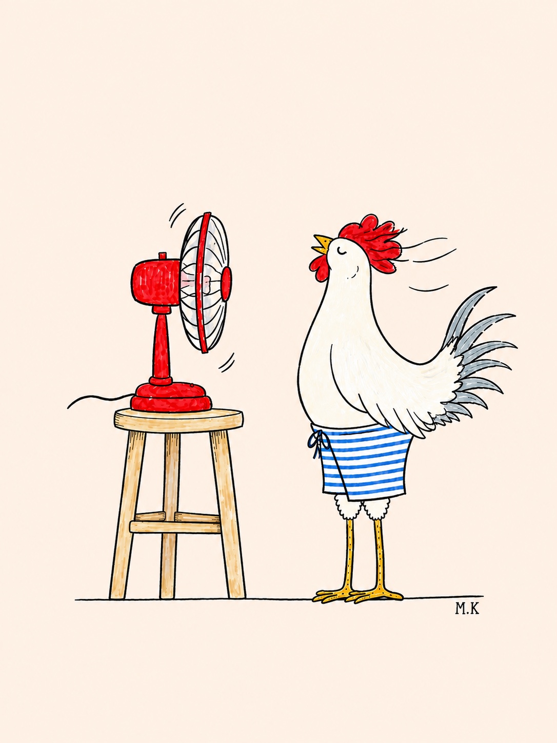Coq blanc en short rayé bleu et blanc devant un ventilateur rouge