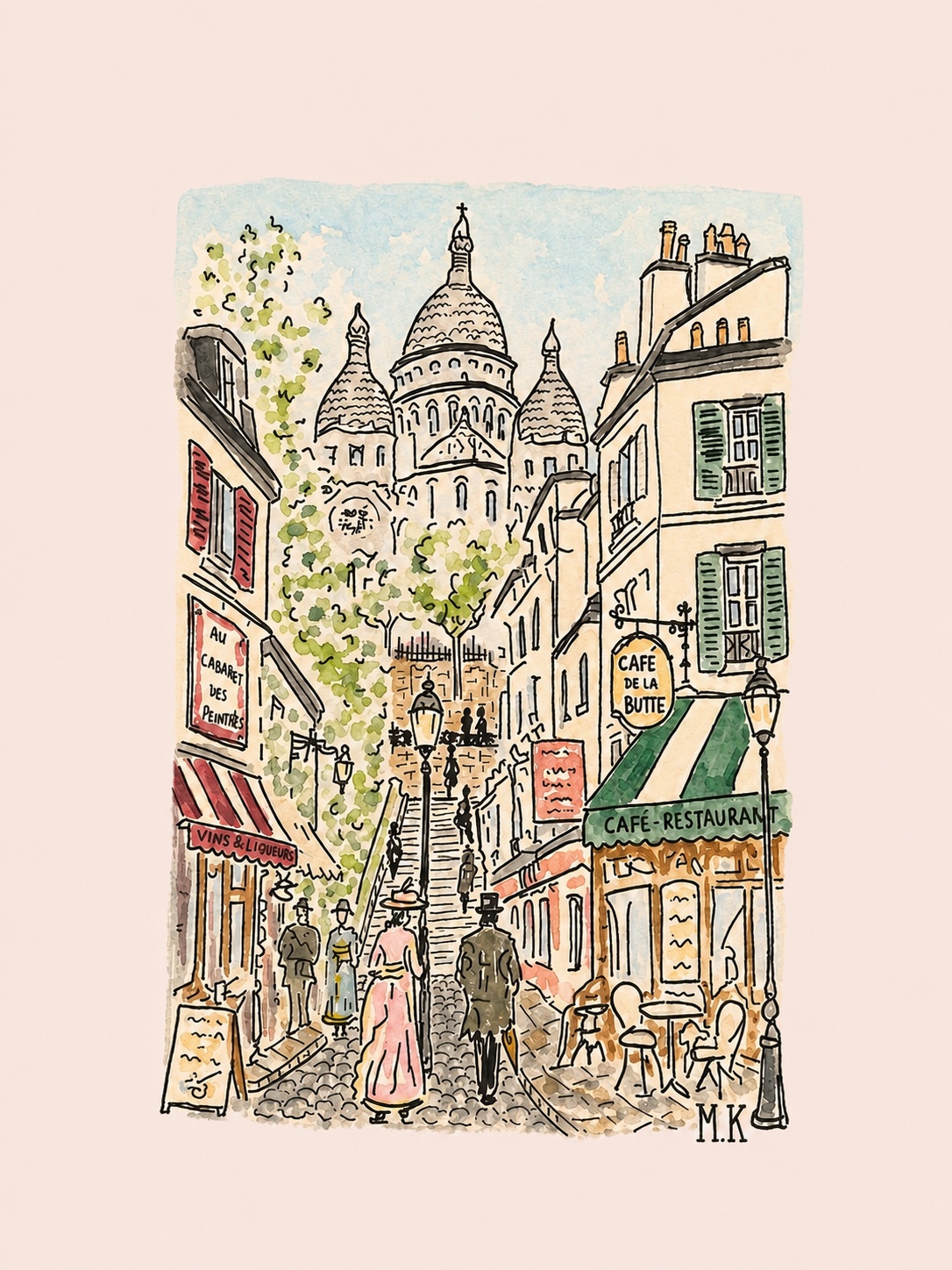 Rue de Montmartre aquarellée avec le Sacré-Cœur