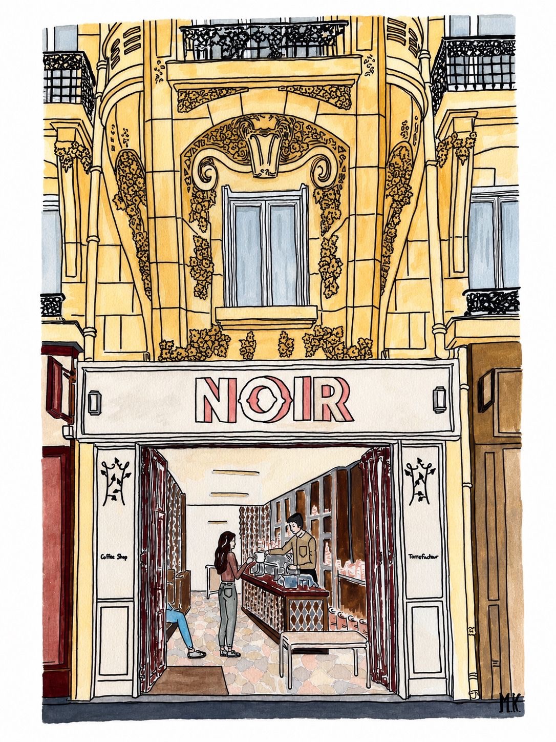 Illustration de la devanture parisienne jaune du Noir Coffee Shop