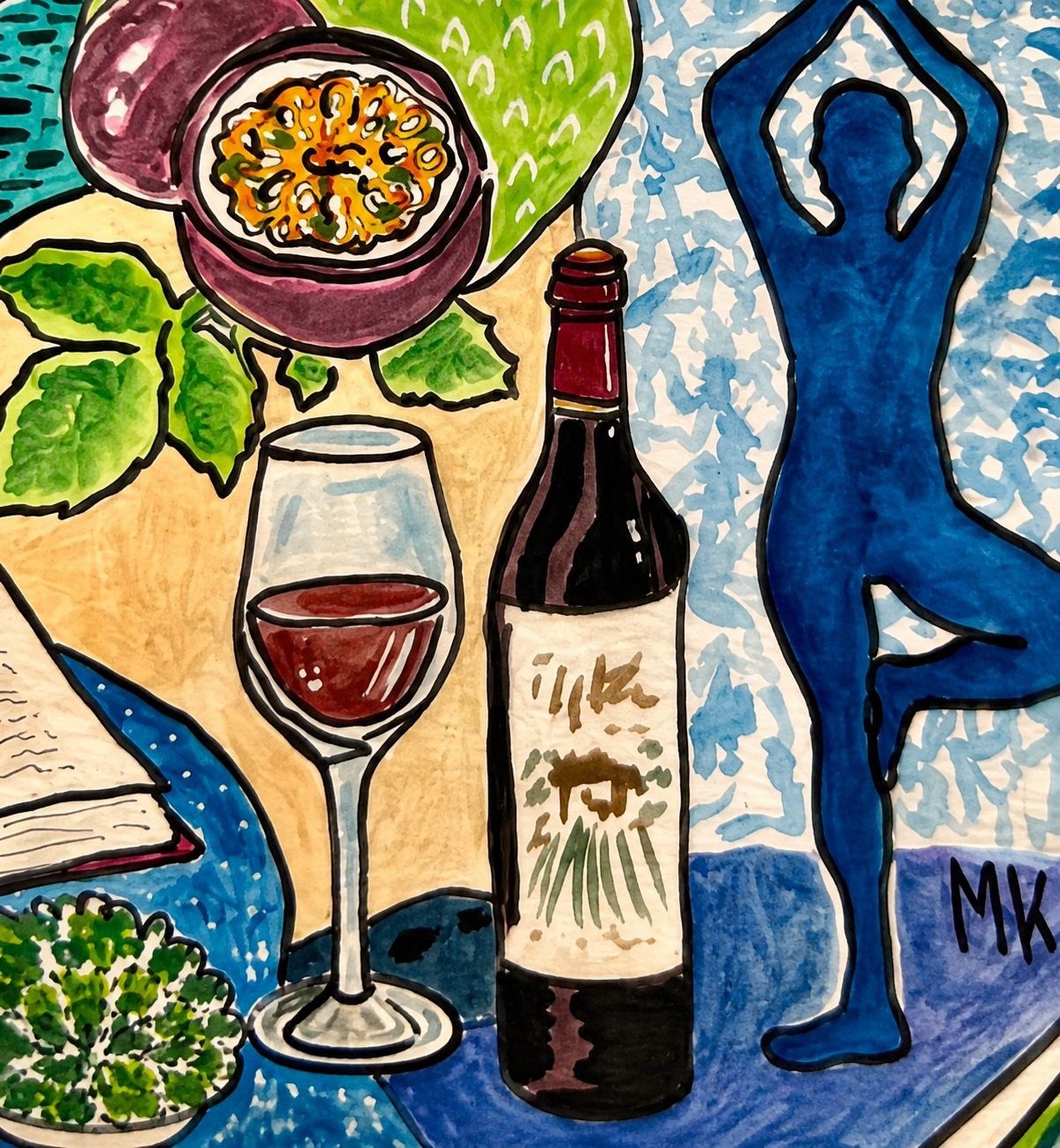 Illustration rapprochée d’un verre de vin rouge et d’une bouteille entourés d’éléments végétaux